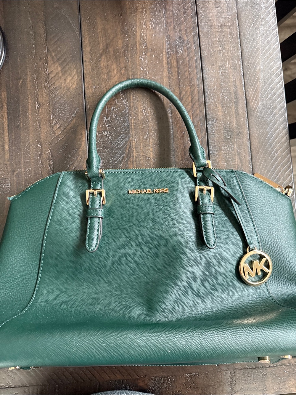 Michael Kors Emerald Green Saffiano Satchel with Gold Hardware